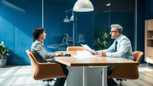 Aposentado consultando advogado sobre o Imposto de Renda de 25% no escritório, foco na esperança de restituição.