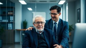 Aposentados da SPPREV no Exterior e o IR de 25%: Aposentado idoso recebendo orientação jurídica em um escritório moderno.