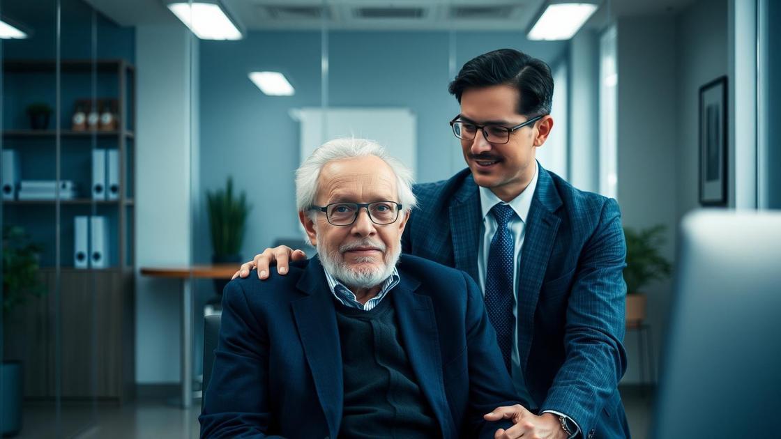 Aposentados da SPPREV no Exterior e o IR de 25%: Aposentado idoso recebendo orientação jurídica em um escritório moderno.