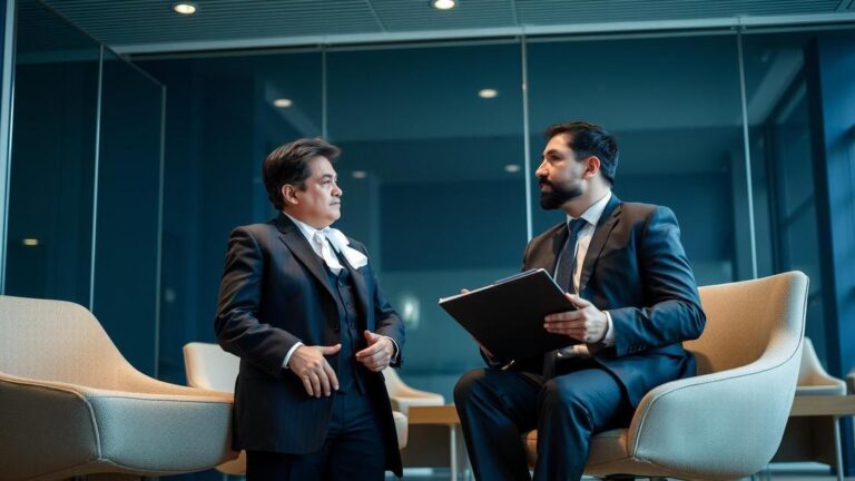 A imagem retrata um advogado e um aposentado brasileiro discutindo mudanças tributárias, simbolizando alívio para aposentados no exterior.