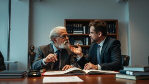 Advogado orientando aposentado brasileiro sobre a tabela progressiva e economia na aposentadoria no exterior.