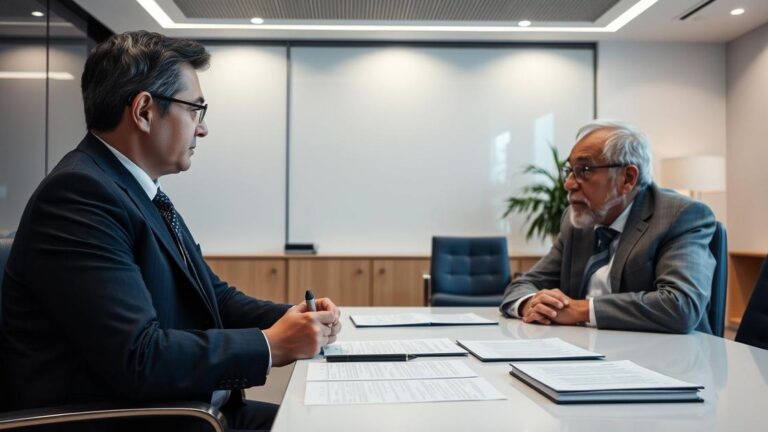 Advogado e aposentado discutindo a inconstitucionalidade do IR de 25% para Aposentados no Exterior em escritório moderno.