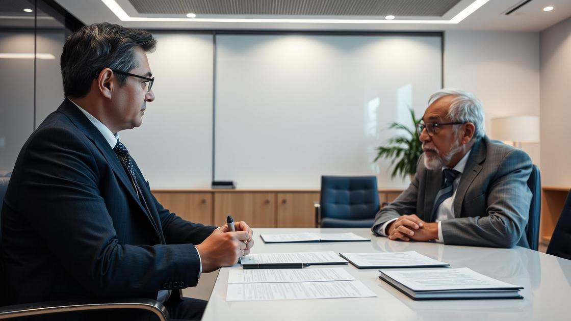 Advogado e aposentado discutindo a inconstitucionalidade do IR de 25% para Aposentados no Exterior em escritório moderno.