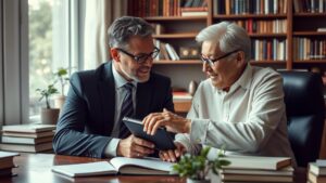 Advogado auxiliando aposentado brasileiro em questão de Imposto de Renda no escritório, destacando isenções legais.