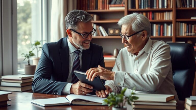 Advogado auxiliando aposentado brasileiro em questão de Imposto de Renda no escritório, destacando isenções legais.