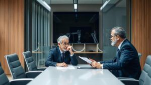 Cliente idoso consultando advogado sobre isenção de Imposto de Renda na aposentadoria no exterior em sala de reuniões.