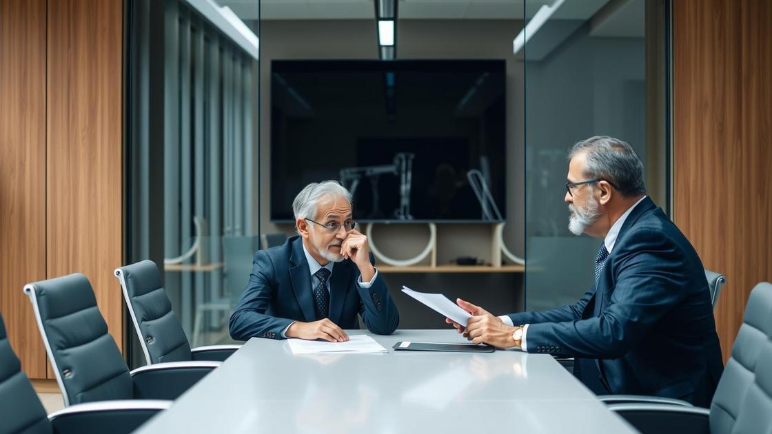 Cliente idoso consultando advogado sobre isenção de Imposto de Renda na aposentadoria no exterior em sala de reuniões.