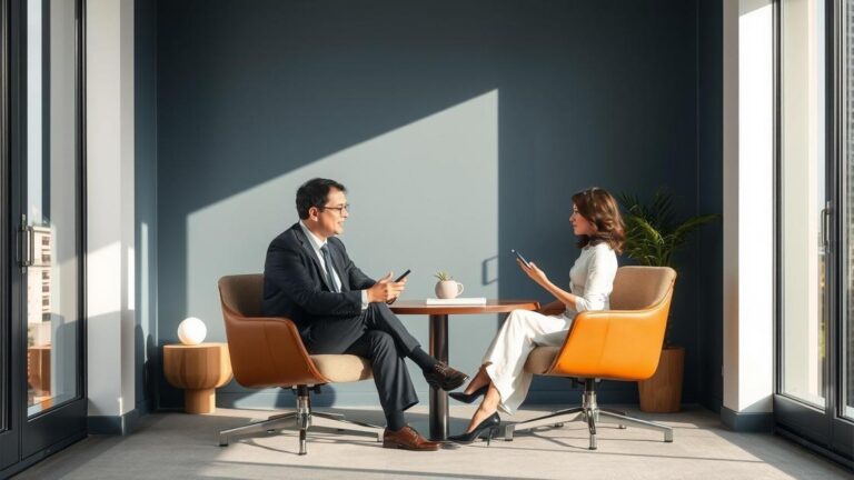 Aposentada brasileira em Portugal conversando com advogado sobre economia de IR para aposentados no exterior em escritório moderno.