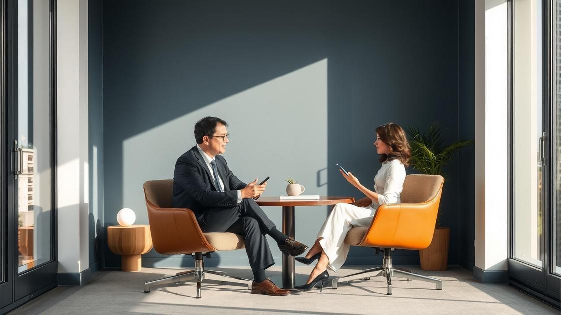 Aposentada brasileira em Portugal conversando com advogado sobre economia de IR para aposentados no exterior em escritório moderno.