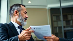 Advogado e cliente idoso brasileiro discutindo sobre a nova decisão do STF sobre o 13º salário no exterior em um escritório.