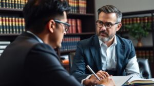 Advogado especializado orientando cliente aposentado sobre recuperação de IR pago indevidamente em escritório moderno
