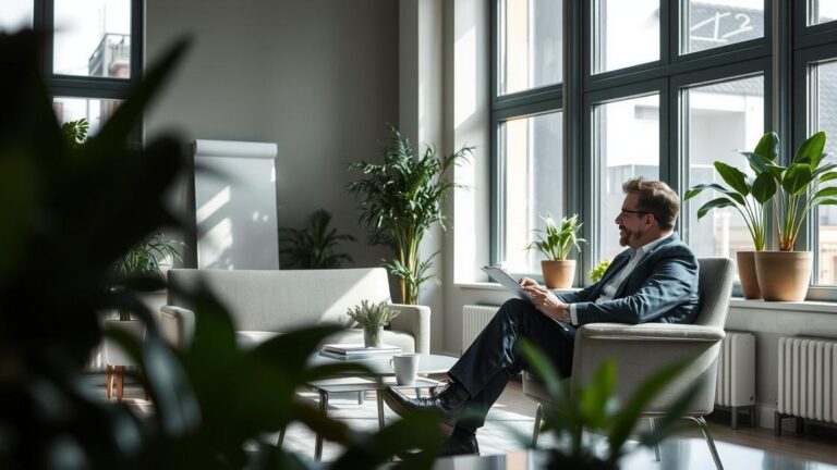 Cliente aposentado em escritório moderno discutindo a restituição do IR com advogado sobre direitos e processos.