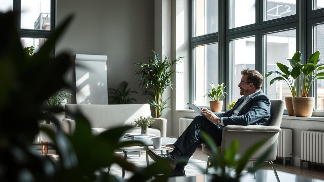 Cliente aposentado em escritório moderno discutindo a restituição do IR com advogado sobre direitos e processos.