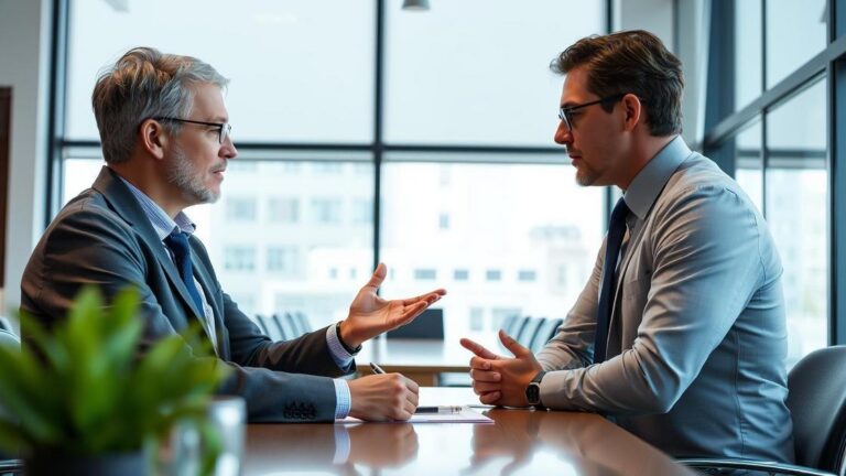 Cliente aposentado recebendo consulta jurídica de advogado sobre como cessar o IR de 25% no exterior em escritório moderno