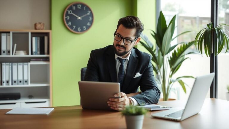 Advogado consultando cliente aposentado no exterior sobre processo judicial digital, retratando a garantia de direitos sem sair de casa.