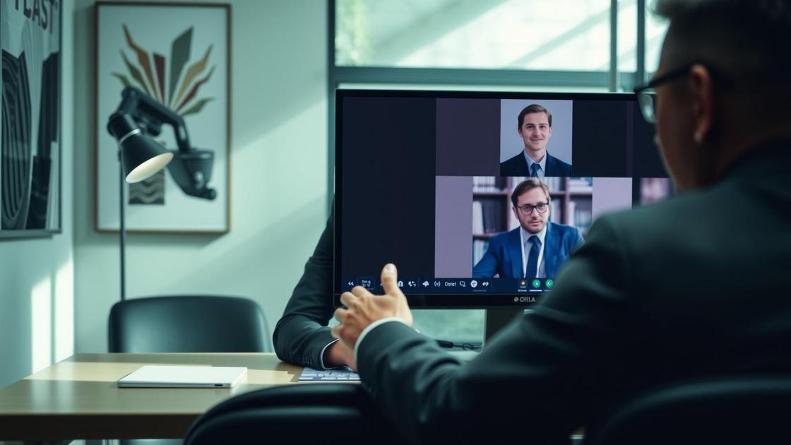 Cliente aposentado em videoconferência com advogado especializado em restituição de IR para aposentados no exterior