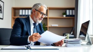 Advogado especializado esclarecendo a restituição de IR para aposentados em escritório moderno.