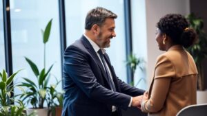 Advogado especializado em direito tributário conversando com cliente aposentado sobre desconto de 25% de IR na aposentadoria no exterior.