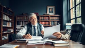 Aposentado no exterior analisando documentos com advogado em escritório, sobre Declaração de Saída Definitiva e IR de 25%.