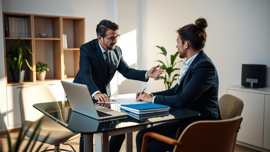 Advogado orientando cliente aposentado sobre ação rescisória do IR de 25% em escritório moderno.