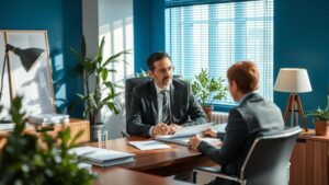 Advogado explicando novas regras de imposto de renda para aposentado brasileiro no exterior em escritório moderno.