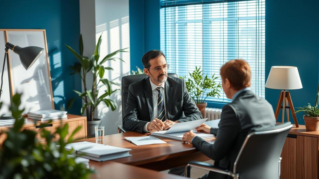 Advogado explicando novas regras de imposto de renda para aposentado brasileiro no exterior em escritório moderno.