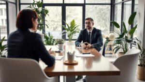 Advogado em reunião com aposentado no exterior discutindo isenção de IR, refletem a nova tributação sobre aposentadorias.