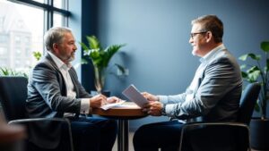 Advogado discutindo estratégias fiscais com aposentado brasileiro expatriado sobre imposto de renda no exterior.