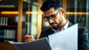 Advogado revisando documentos com aposentado brasileiro em escritório moderno, abordando restituição de IRRF.