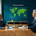 Advogado explicando sobre restituição do IR para aposentados no exterior a cliente idoso em escritório moderno