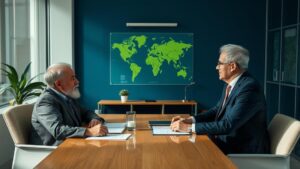 Advogado explicando sobre restituição do IR para aposentados no exterior a cliente idoso em escritório moderno