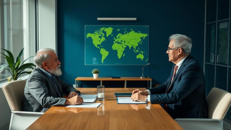 Advogado explicando sobre restituição do IR para aposentados no exterior a cliente idoso em escritório moderno